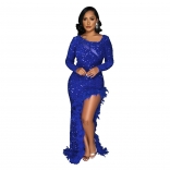 Blue Long Sleeve Feather Sequins Bodycon Evening Long Dress