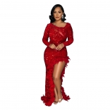 Red Long Sleeve Feather Sequins Bodycon Evening Long Dress