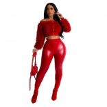 Red Zipper Furry Long Sleeve Crop Tops Sexy Slim Fit Pant Two Piece Sets