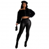 Black Zipper Furry Long Sleeve Crop Tops Sexy Slim Fit Pant Two Piece Sets