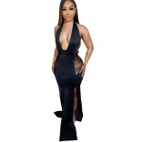 Black Halter Neck Deep V Neck Sexy Lace Hollow Out Club Long Dress
