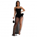 Black Halter Low Cut Rompers Mesh Rhinestone Two Piece Skirt Dress Sets