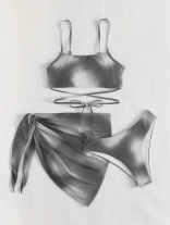 Gray Printing Three Pieces Bikini Sets with Skirt