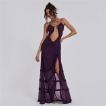 Purple Straps Deep V Neck Mesh Hollow Pleated Evening Club Maxi Dress