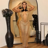 Gold Sexy Deep V Neck Sequins See Through Party Long Dress