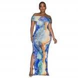 Blue Women's Off Shoulder Printed Hight Slit Fashion Long Dress
