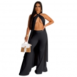 Black Two Pieces Sexy Backless Sleeveless Halterneck Pants Jumpsuit Sets