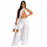 White Two Pieces Sexy Backless Sleeveless Halterneck Pants Jumpsuit Sets