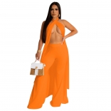 Orange Two Pieces Sexy Backless Sleeveless Halterneck Pants Jumpsuit Sets