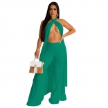 Green Two Pieces Sexy Backless Sleeveless Halterneck Pants Jumpsuit Sets