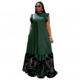 Green Sleeveless Pleated O Neck Fashion Printed Casual Long Skirt Dress