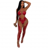 Red Off Shoulder Mesh See Through Sequins Party Sexy Jumpsuit