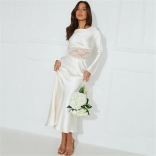 White Long Sleeve Swing Collar Lace Hollow Waist Prom Fashion Long Dress