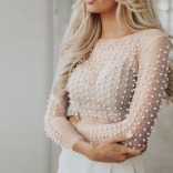Lace Sexy Pearls Diamonds Long Sleeve Crop Tops