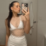 White Lace Sexy Pearls Sleeveless Crop Tops