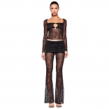 Black Long Sleeve Lace Hollow Two Pieces Women Sexy Pant Sets