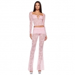 Pink Long Sleeve Lace Hollow Two Pieces Women Sexy Pant Sets