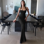 Black Straps Backless Mesh Pleated Elegant Formal Maxi Dress
