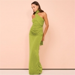 Green Off Shoulder Halter Neck Pleated Fashion Formal Maxi Dress