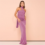 Purple Off Shoulder Halter Neck Pleated Fashion Formal Maxi Dress