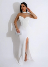 White Mesh Long Sleeve Rhinestone Bodycon Wedding Long Dress