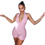Pink Sleeveless Deep V-Neck Lace Up Club Rompers Dress
