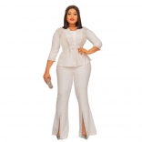 White Rhinestones Seven Sleeve Tops Slit Sexy Pant Casual Jumpsuit Sets