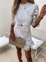 White Two Pieces Short Sleeve Lace Hollow Out Embroidery Short Sets