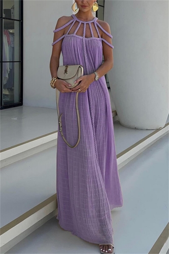 Purple Hollow Drawstring Low Cut Loose Fit Long Skirt Dress