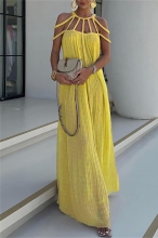 Yellow Hollow Drawstring Low Cut Loose Fit Long Skirt Dress