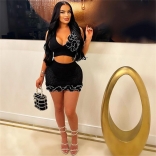 Black Two Pieces Knitted Lacy Crop Tops Sexy Club Party Skirt Sets