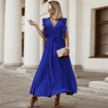 Blue Chiffon Ruffles Sleeve V Neck Casual Pleated Skirt Dress