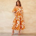 Yellow Off Shoulder Short Sleeve Pleated Waist Printed Casual Floral Dress