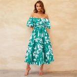 Green Off Shoulder Short Sleeve Pleated Waist Printed Casual Floral Dress
