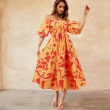 Orange Off Shoulder Short Sleeve Pleated Waist Printed Casual Floral Dress