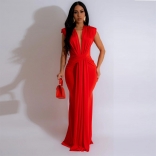 Red Deep V Neck Sexy Pleated Elegant Bodycon Formal Maxi Dress