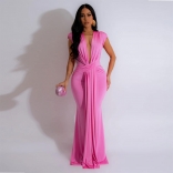 Pink Deep V Neck Sexy Pleated Elegant Bodycon Formal Maxi Dress