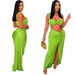 Green Sexy Halter Low Cut Crop Tops Pleated Two Pieces Skirt Dress