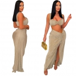Beige Sexy Halter Low Cut Crop Tops Pleated Two Pieces Skirt Dress