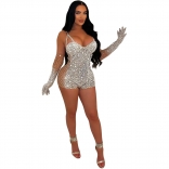 Beige Straps V Neck Sexy Rhinestone Bodycon Mesh Rompers with Gloves