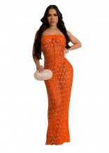 Orange Off Shoulder Sequins Knitting Hollow Sexy Party Long Dress