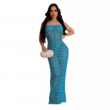 Blue Off Shoulder Sequins Knitting Hollow Sexy Party Long Dress