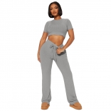 Gray Striped Short Sleeve Crop Tops Two Piece Slim Casual Pant Sets