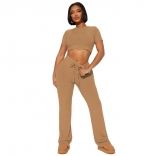 Khaki Striped Short Sleeve Crop Tops Two Piece Slim Casual Pant Sets