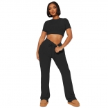 Black Striped Short Sleeve Crop Tops Two Piece Slim Casual Pant Sets