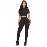 Black Striped Short Sleeve Crop Tops Two Piece Pleated Casual Pant Sets