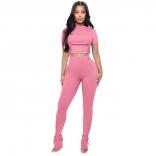 Pink Striped Short Sleeve Crop Tops Two Piece Pleated Casual Pant Sets