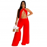 Red Backless Halter Two Pieces Wide Leg Fashion Jumpsuit Dress