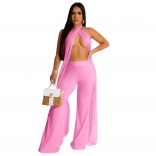 Pink Backless Halter Two Pieces Wide Leg Fashion Jumpsuit Dress