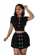 Black Knitted Short Sleeve Elastic Button Tops Pleated Women Short Sets